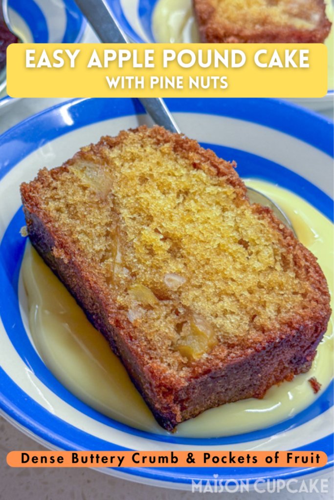 Easy Apple Pound Cake with pine nuts, pinterest graphic with photo of thick slice of golden cake in blue bowl with custard.