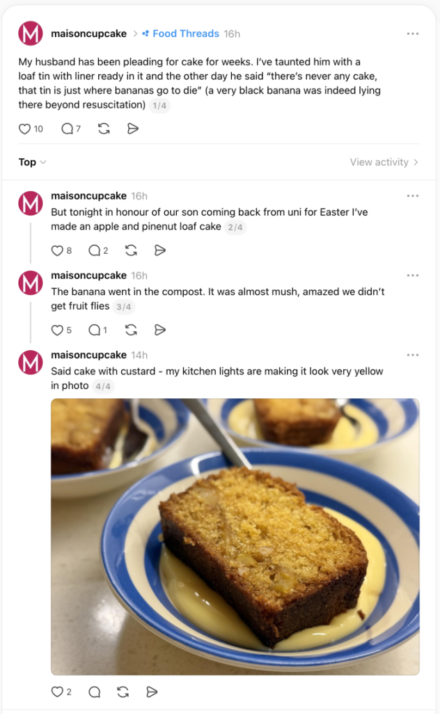 Screengrab of Threads post describing husband wanting homemade cake and wife taunting him with baking tin ready but never any cake arriving as fruit spoils.