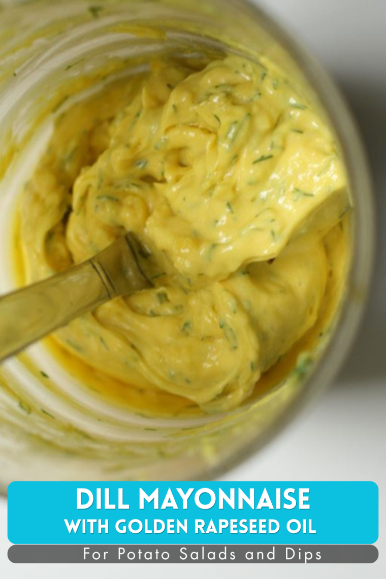 Bright yellow dill mayonnaise Pinterest graphic captioned for potato salads and dips