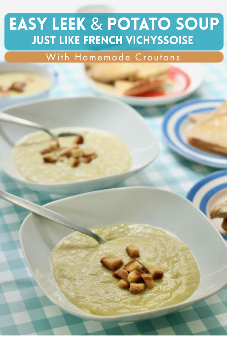 Easy Leek and Potato Soup Recipe Pinterest graphic with white bowls of pale yellow soup garnished with golden croutons on a blue gingham cloth.