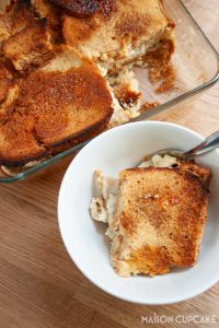 banoffee bread and butter pudding with banana and dulce de leche baked in dish