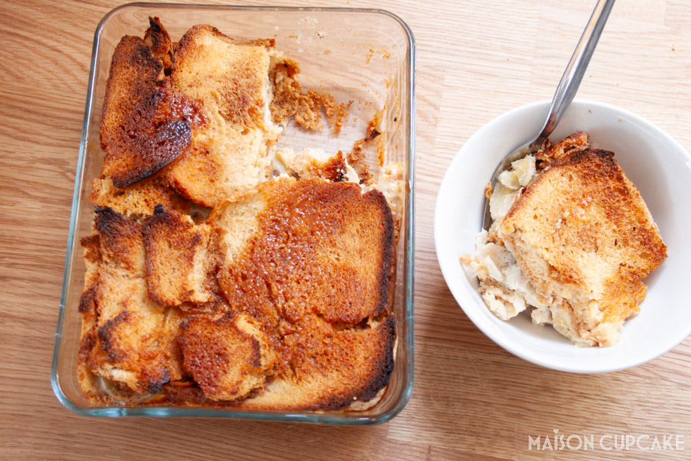 banoffee bread and butter pudding with banana and dulce de leche in baking dish - Landscape overhead shot