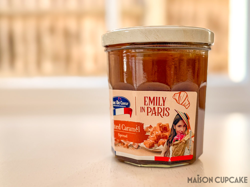 Lidl French week Salted Caramel Spread jar shot with Emily in Paris label. 
