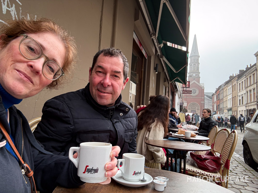 3 days in Lille: Couple drinking coffees near Wazemmes Market in Lille.