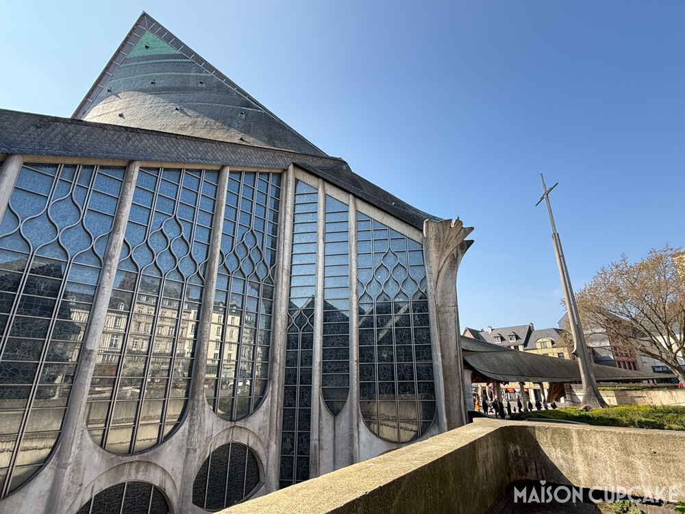 Modern stained glass exterior of Eglise Jeanne D'Arc in Rouen, Normandy, France.