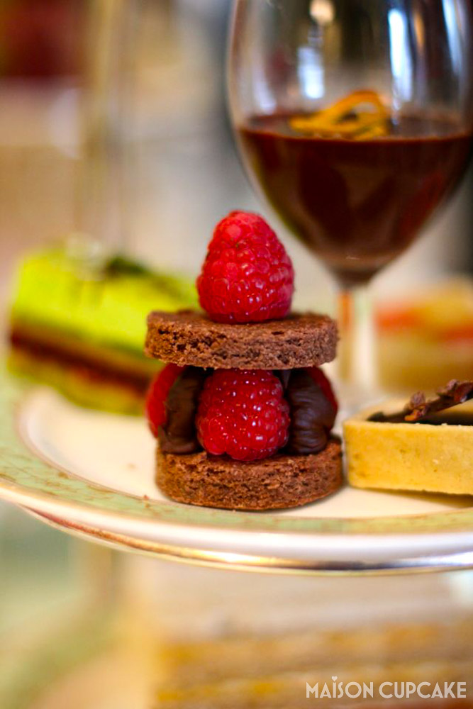 Chocolate Afternoon Tea by Paul A Young at Grosvenor House Marriot Hotel - close up chocolate sponge strawberry cake