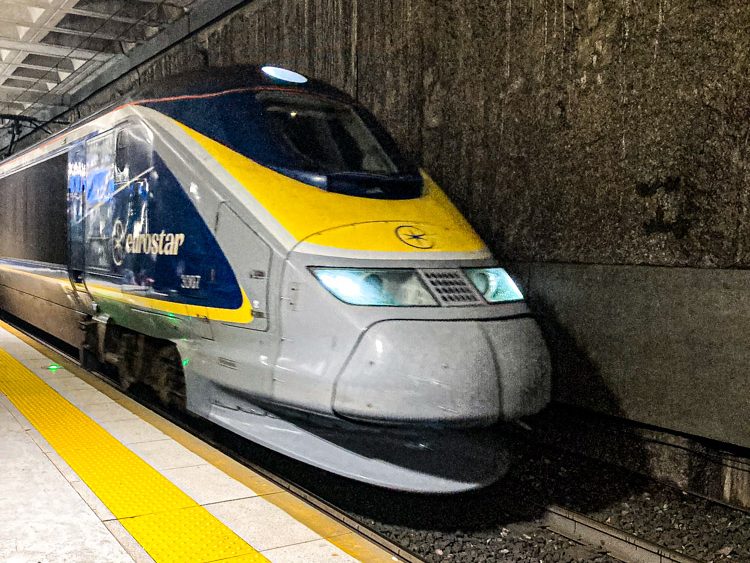Eurostar train arriving in Lille Europe station